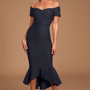 Lulus off the shoulder midnight navy midi mermaid dress